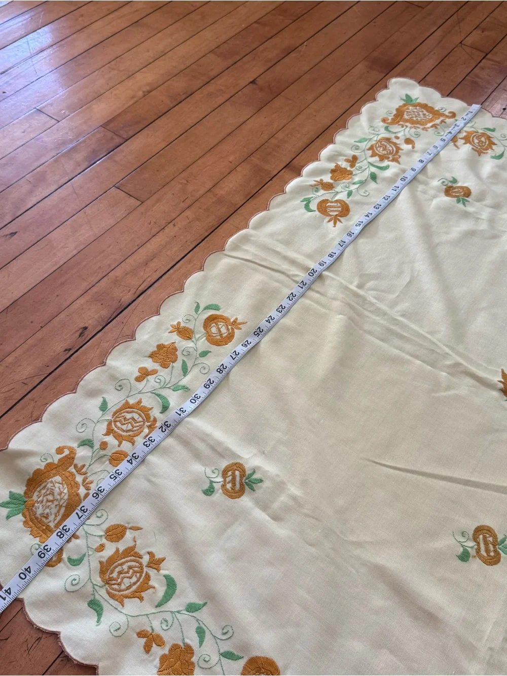 Vintage Floral Yellow gold & Green cotton tablecloth embroidered crewel large